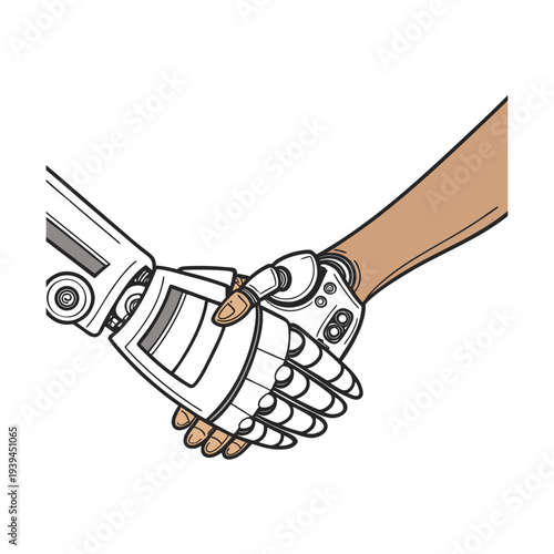 Robot and human handshake vector illustration