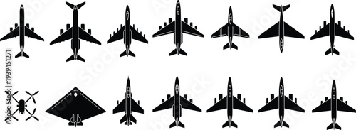 Black Aircraft Silhouette Icons Set Featuring Commercial Airplanes Military Jets Stealth Bombers And Quadcopter Drone Top View Isolated On White Background For Design Graphics