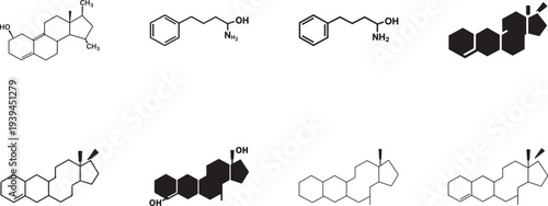 Estrogen molecular structure icon set with editable outline symbols for science, chemistry and medical use.