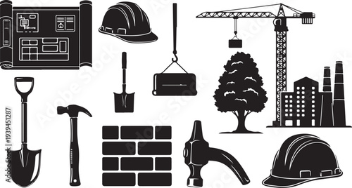 Construction tools and equipment in black and white icons