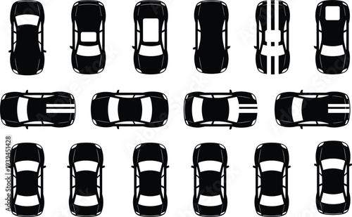 Black Car Silhouettes Set with Top View Icons of Sedans Sports Cars and Racing Coupes for City Maps Parking Navigation and Automotive Graphic Design Projects