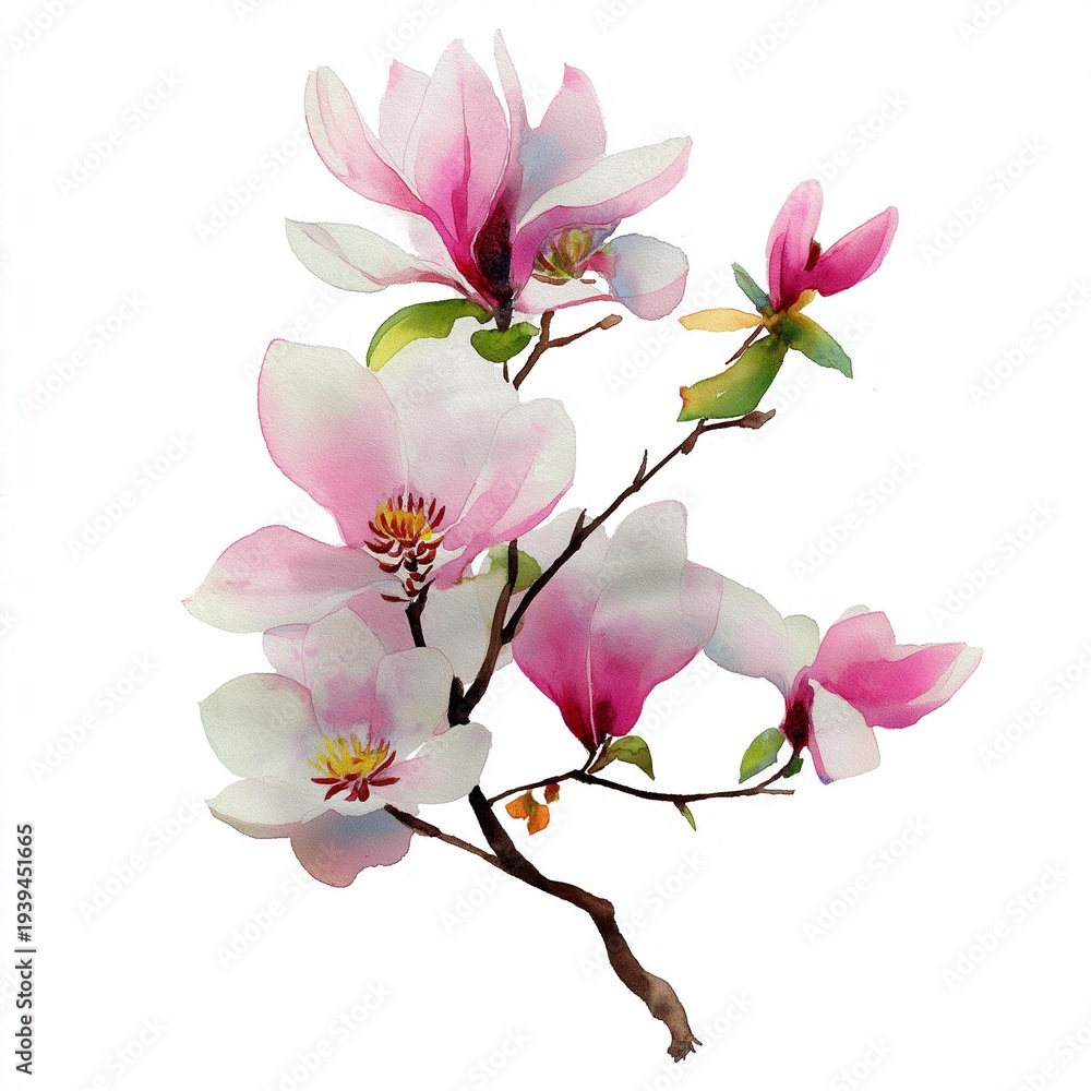 Obraz premium A stunning illustration of pink magnolia flowers in full bloom, showcasing their delicate petals and vibrant colors.
