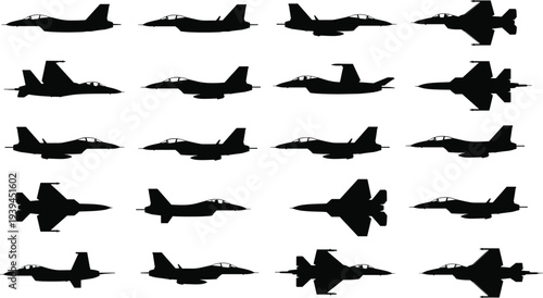 Collection of fighter jet silhouettes and military aircraft vector icons featuring supersonic planes, stealth bombers, and combat aviation silhouettes for professional 