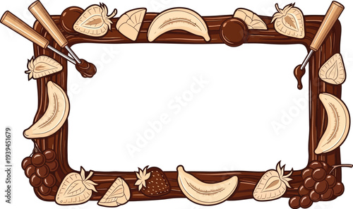 An illustration of a chocolate frame with various fruits and baking utensils on a white background