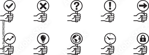 Hand holding positive check mark icon set with editable outline symbols for approval, success and validation.