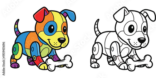 Cute mechanical robot dog illustration with bone, colorful vector character and black and white outline version for children's coloring book