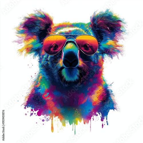 A vibrant and colorful koala wearing sunglasses, showcasing a playful and artistic interpretation of this iconic animal.