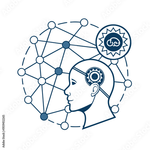 Vector illustration of human head with brain gear and neural network connections