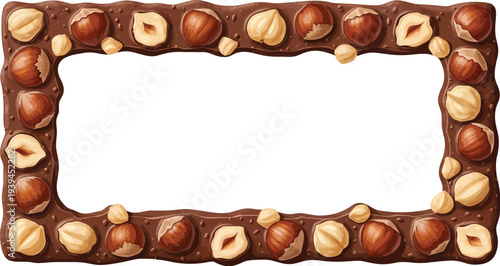 A chocolate frame filled with hazelnuts and walnuts on a white background