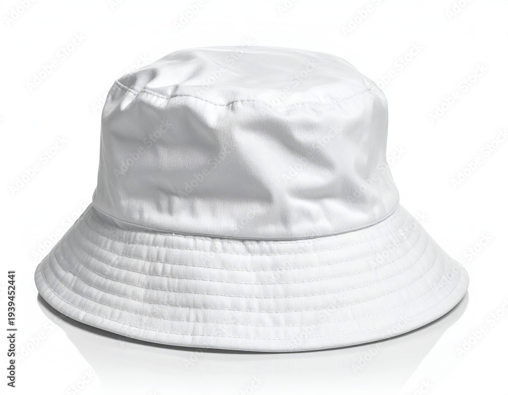 Fototapeta premium A crisp white, brimmed bucket hat with a soft, crinkled crown