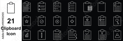 Clipboard icon set. Report and survey editable line icons. Vector illustration.