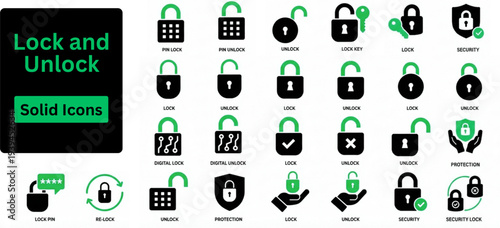 Silhouette vector of Lock and Unlock icon set. padlock icons representing security, access, and locked or unlocked status for digital or physical safety. Solid icons set.
