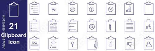 Clipboard icon set. Report and survey editable line icons. Vector illustration.