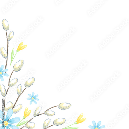 Spring corner of pussy willow and tulips