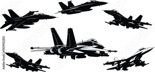 Collection of Black Fighter Jet Silhouettes and Supersonic Military Aircraft Vector Icons with Detailed Aerodynamic Wings and Weaponry for Defense Graphics