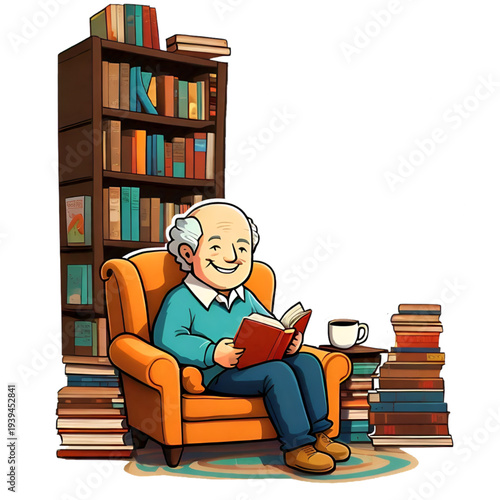 Elderly Man Reading in Armchair Book Lover Sticker Illustration