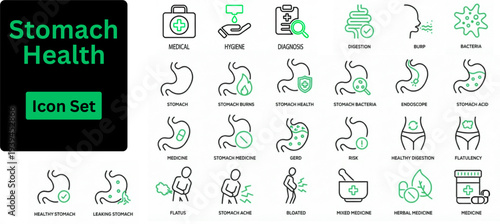 Line art vector of Stomach Health. Diarrhea icon set. Diarrhea stomach gut health icons. Intestine digestive system vector symbol. Vector Illustration. Outline icons set.