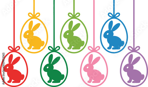 Colorful Easter egg ornament illustration featuring bunny silhouettes inside hanging decorations with bows, festive spring design artwork symbolizing celebration, holiday joy, and seasonal tradition.