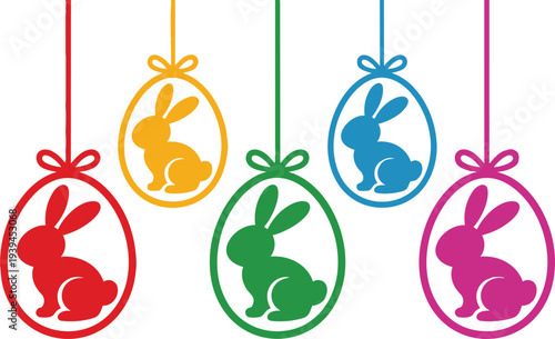 Colorful Easter egg ornament illustration featuring bunny silhouettes inside hanging decorations with bows, festive spring design artwork symbolizing celebration, holiday joy, and seasonal tradition.