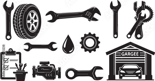 Black and white garage tools and car repair icons
