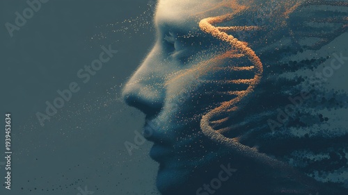 abstract human face with glowing dna strands digital art