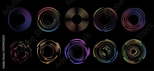 Vibrant gradient circular lines set. Bright radial motion effects symbolizing energy, speed and light. Isolated vector background for technology themes.