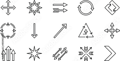 Arrow icon collection, directional symbols, navigation design, circular arrows, outward arrows, inward arrows, vector illustration, black outline, graphic element, isolated set