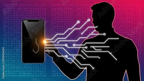 Silhouette of a man interacting with a smartphone surrounded by glowing circuit lines on a vibrant, gradient background representing World Telecommunication and Information Society Day.