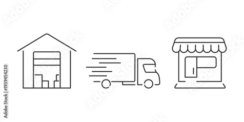 Simple set of logistics related vector line icons. Cargo, Route, Warehouse, Transport, Retail. Outline web logistics shipping, Delivery truck, Transportation. Icons for web design, mobile app.