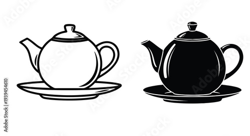 Classic Ceramic Teapot on Saucer Illustration - Linear and Silhouette Style Vector Set