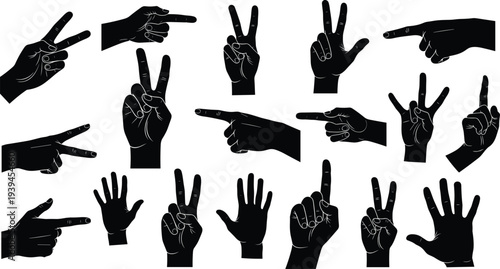 Hand gesture silhouettes, finger counting signs, black and white vector illustration, nonverbal communication artwork, sign language design, symbolic hand signal graphics