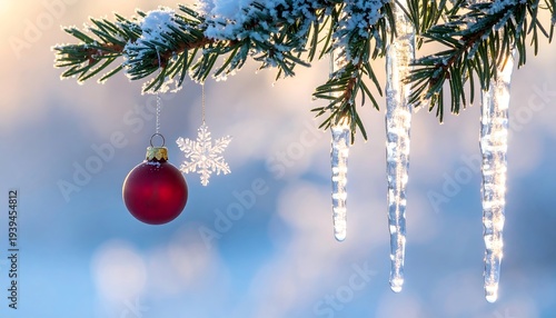 Winter scene featuring a fir branch adorned with a red ornament, icicles, and a snowflake, against a soft, bokeh background