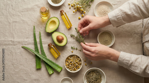 Organic skincare ingredients aloe vera avocado oil chamomile herb bowl neutral background top view care ritual scene organic skincare ingredients enrich daily routine