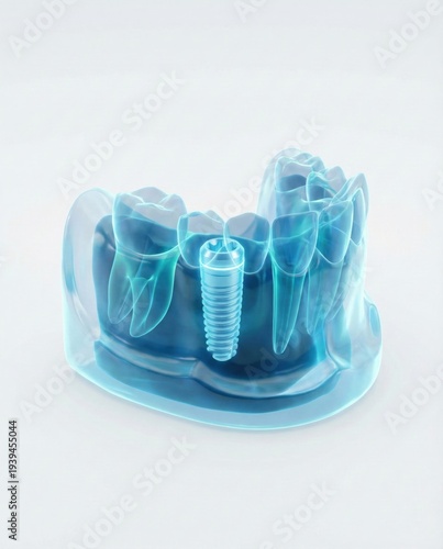 Vertical View of Transparent Jaw Model with Titanium Dental Implant for Precision Dentistry and Implantology Planning Concept