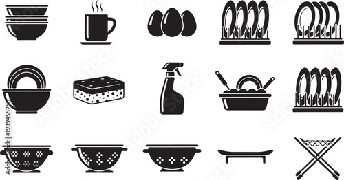 Black kitchen utensils and dishware icons for cooking and cleaning