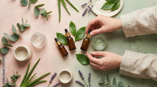 Wallpaper Mural Natural organic skincare ingredients flatlay with serum bottle leaf hand cream jar plant wellness spa concept Torontodigital.ca