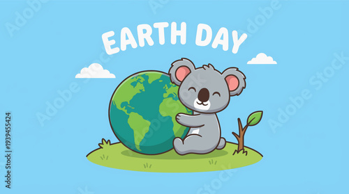 Cute koala hugging Earth globe on grassy hill Earth Day vector