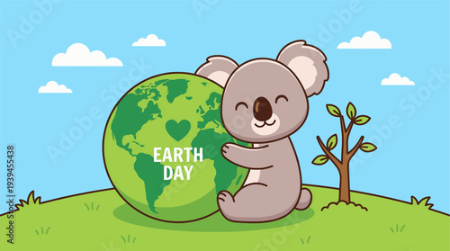 Cute koala hugging Earth globe on grassy hill Earth Day vector
