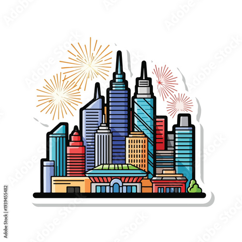 Vibrant cityscape illustration with fireworks exploding above colorful buildings