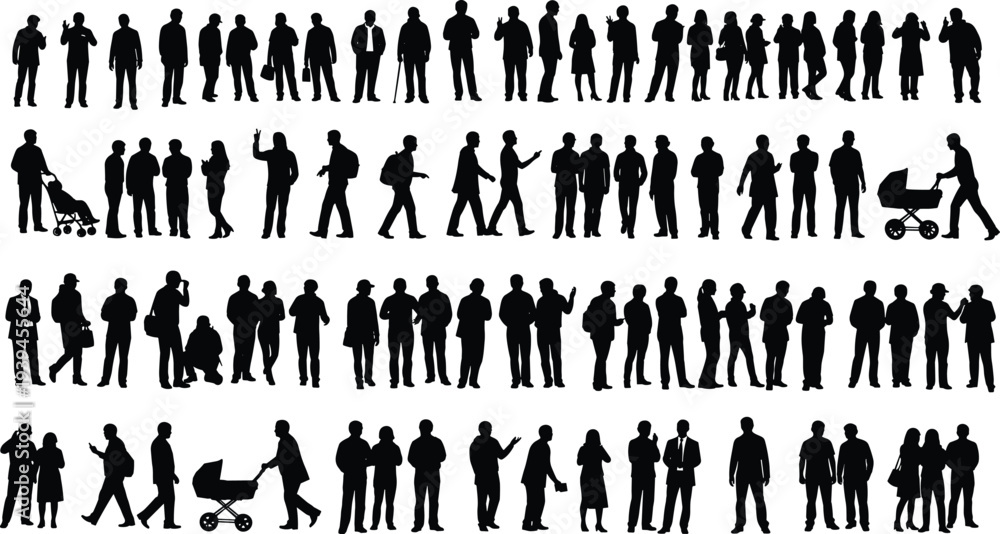 Naklejka premium People silhouettes collection, walking, standing and business crowd set, vector illustration