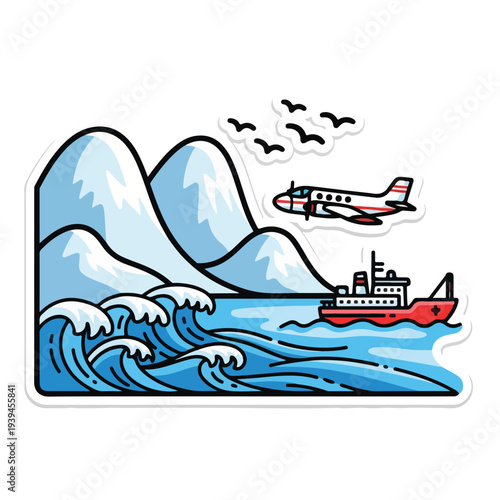 A red cargo ship sails through turbulent blue ocean waves with a seaplane flying overhead near snowy mountain peaks