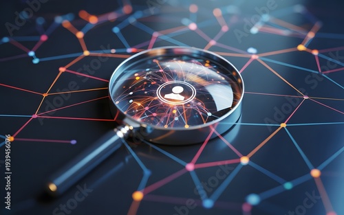 Magnifying Glass Analyzing Digital Social Network Connections with Cyberpunk Bokeh Background