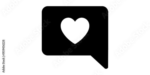 A white heart inside a black speech bubble on a white background, symbolizing love or affection in communication.