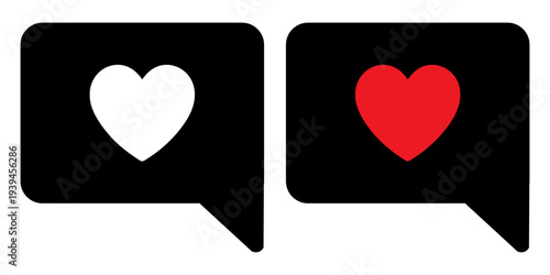 A white heart inside a black speech bubble on a white background, symbolizing love or affection in communication.