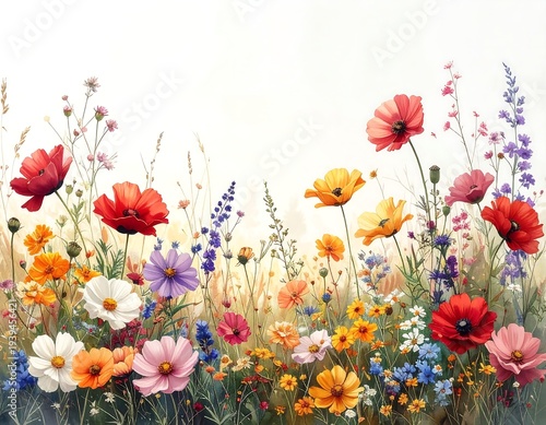 Watercolor field of colorful blooming flowers against a creamy backdrop with soft focus