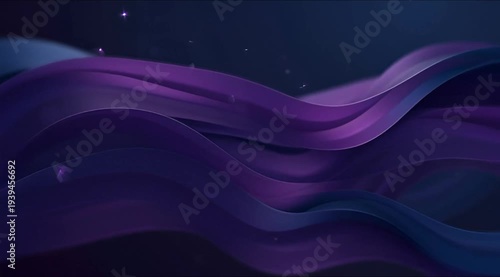 Abstract wave background with flowing purple and navy blue silk ribbons and glowing particles