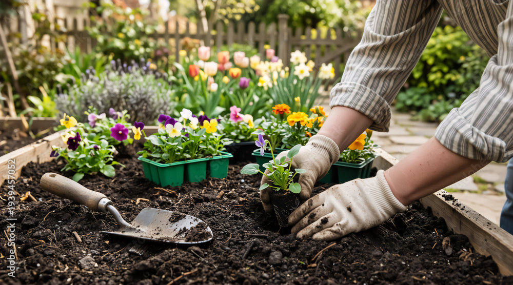 Fototapeta premium Hands in gloves planting flowers in a raised garden bed. Gardener working with pansies and marigolds in spring