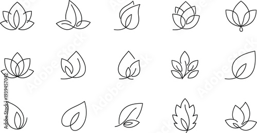 A collection of minimalist line art leaf and lotus flower designs on a white background