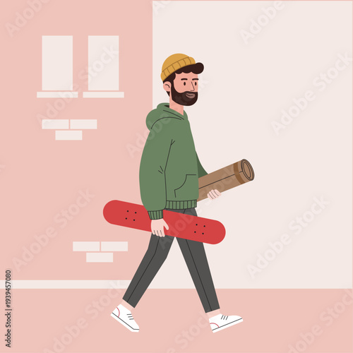Young bearded man walking outdoors with skateboard and yoga mat in flat vector style.