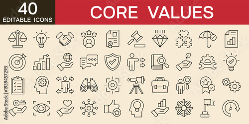 Core values icons , business ethics icons vector illustration with icons of integrity, teamwork, respect, innovation, accountability, and trust. Editable stroke. Vector illustration